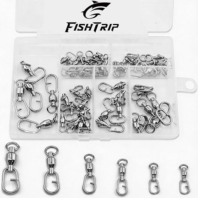 FishTrip 25/50Pcs Fishing Ball Bearing Swivel with Quick Oval Split Rings High Strength Stainless Steel Smooth Fishing Swivels & Snaps