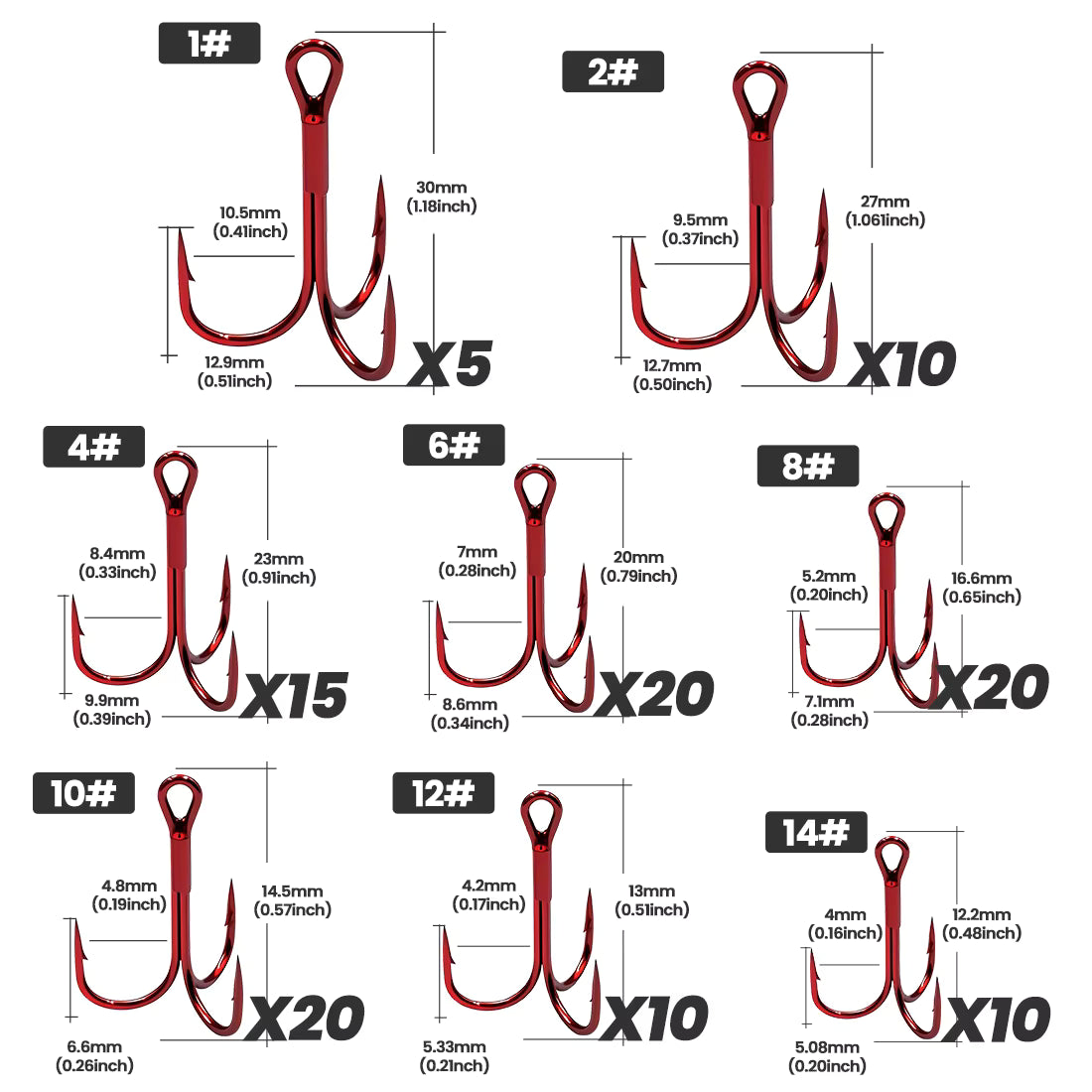 FishTrip 25/50/110pcs Fishing Treble Hooks Red Triple Hooks High Carbon Steel Brabed Sharp Replacement Fishing Hooks on Hard Lure