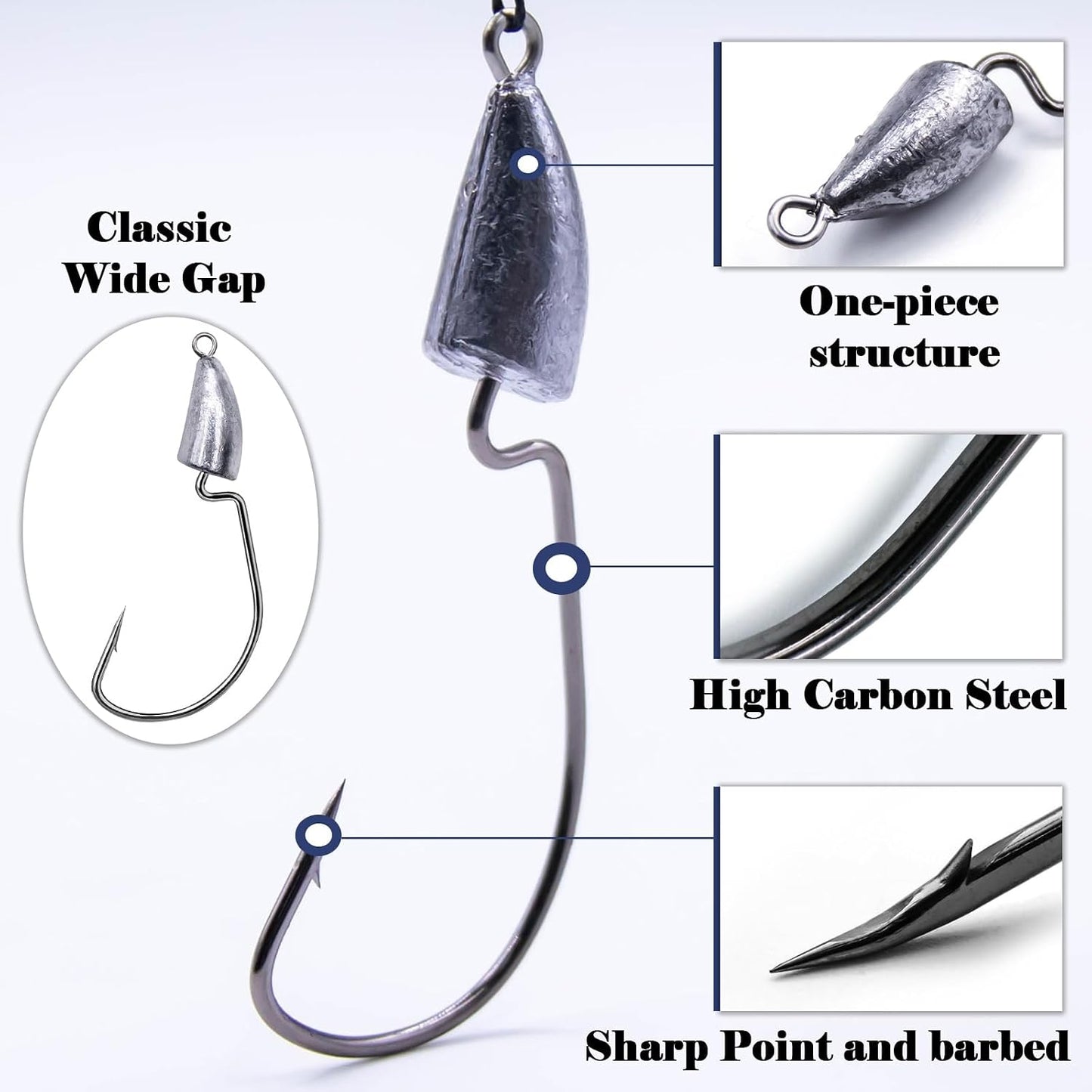 FishTrip 10Pcs Bullet Jig Heads, Weighted EWG Hooks for Texas Rig Bass Offset Wide Gap Hooks for Soft Plastics Worms Craws