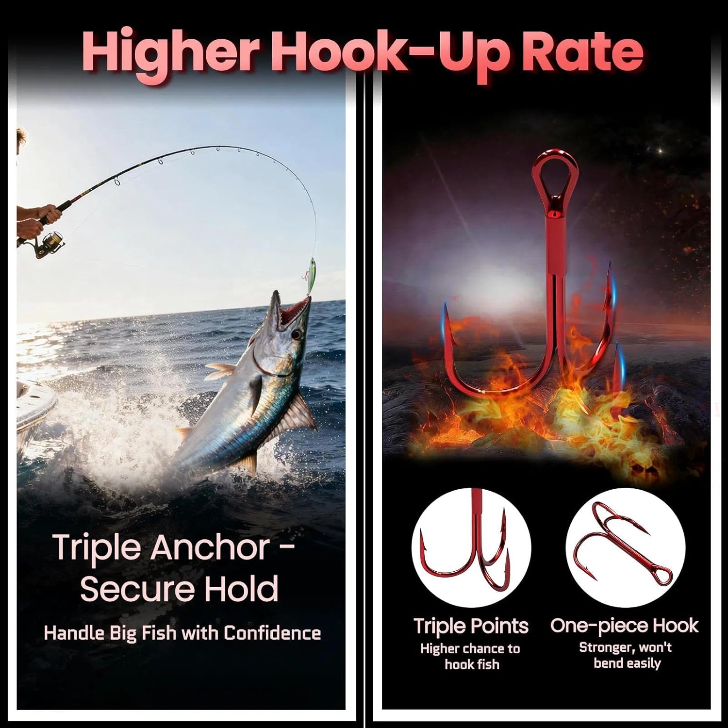 FishTrip 25/50/110pcs Fishing Treble Hooks Red Triple Hooks High Carbon Steel Brabed Sharp Replacement Fishing Hooks on Hard Lure