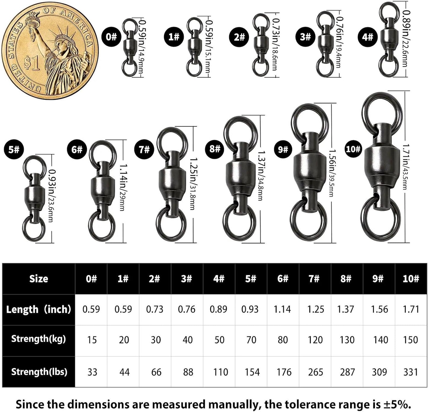 30/50 Pack Ball Bearing Fishing Swivels High Strength Fishing Tackle Solid Welded Rings Barrel Swivels Fishing Connectors Size 0#-10#