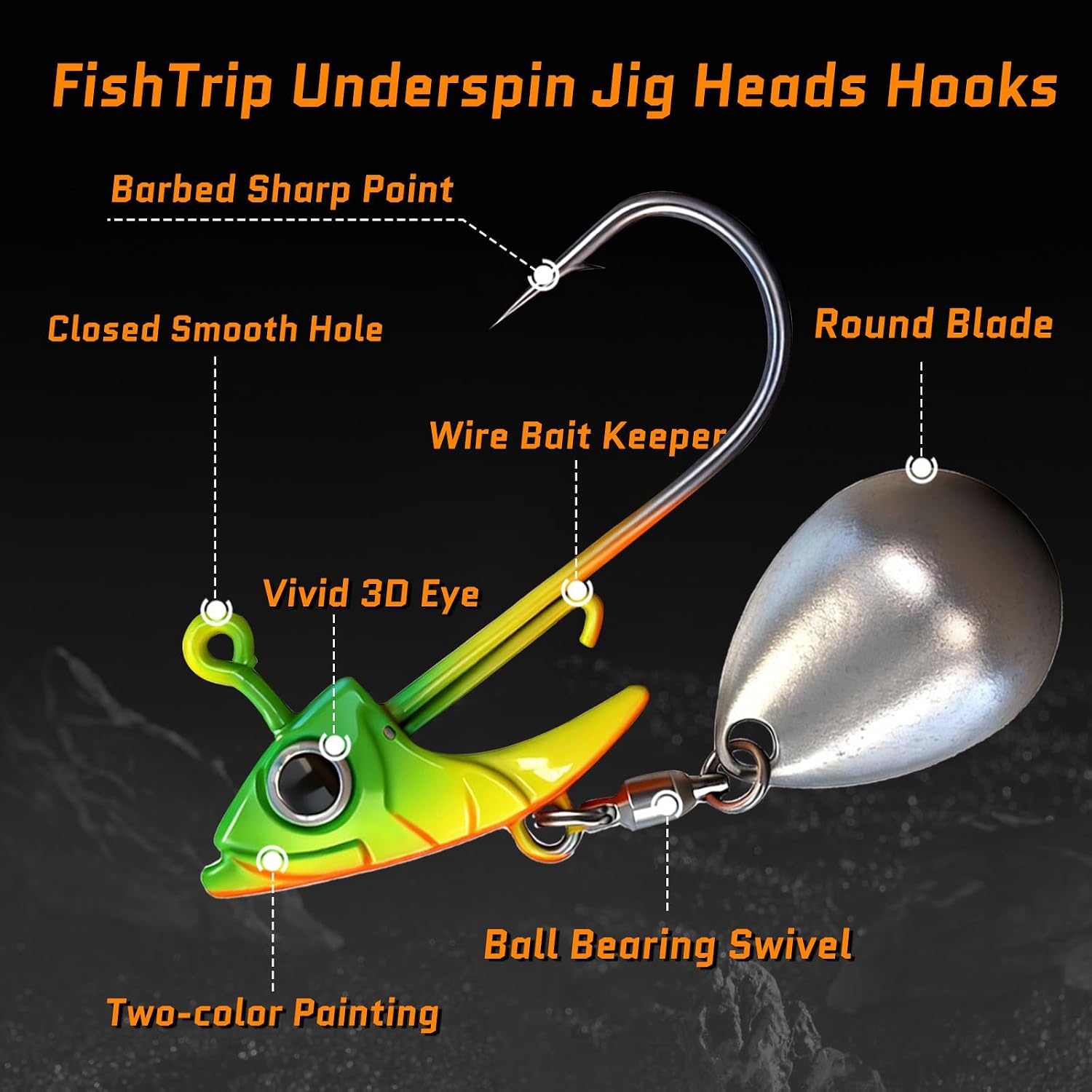 FishTrip 5/10Pcs Underspin Jig Head Swimbait Jig Head with Spinner Blade 3D Eyes, Bait Keeper Needle Point Hook