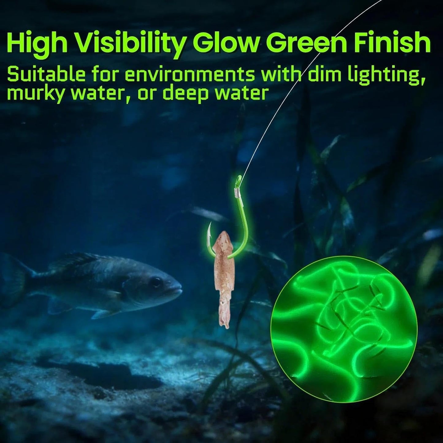 FishTrip 50Pcs Octopus Fishing Hook Circle Hooks for Saltwater Fishing Offset Beak High Carbon Steel Live Bait Fish Hook Fluorescent Green