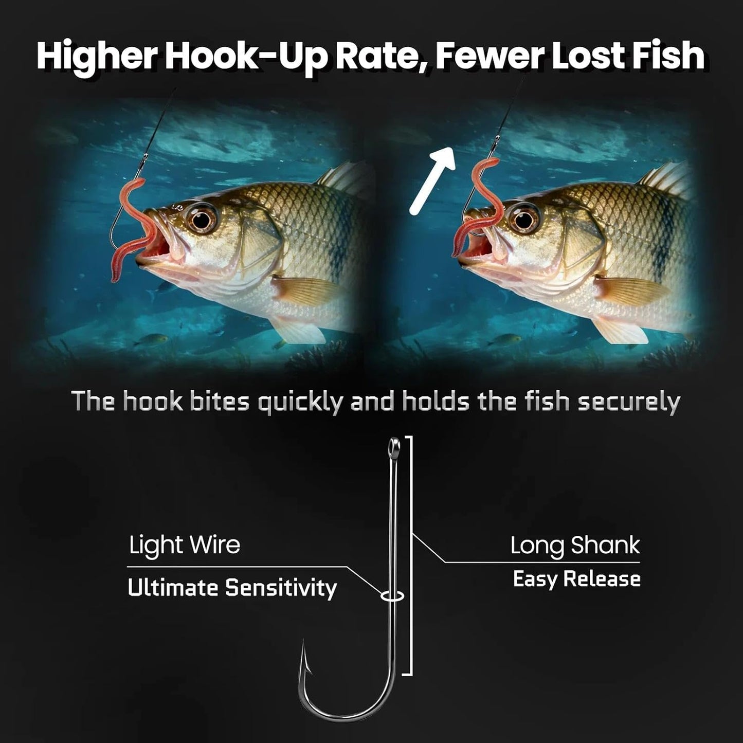 FishTrip 100 Pack Aberdeen Fishing Hooks Long Shank Light Wire Worm Hooks Freshwater Live Bait Hooks for Sunfish Bass