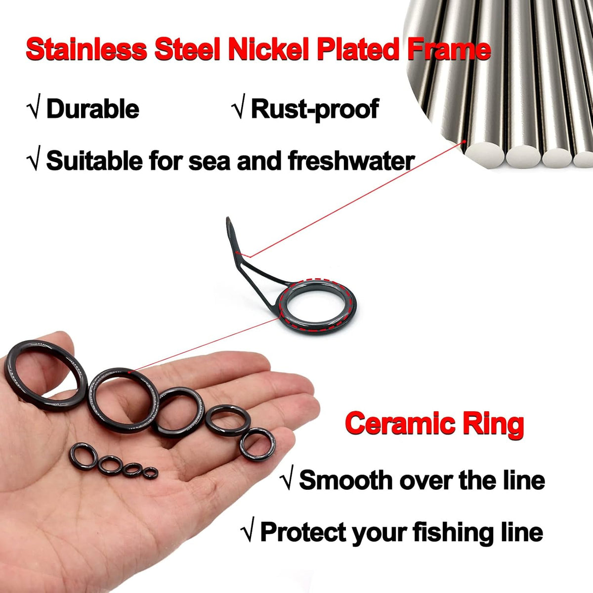 FishTrip Rod Tip Guide Repair Kit, Single Double Leg Ceramic Guides 40&85pcs Stainless Steel