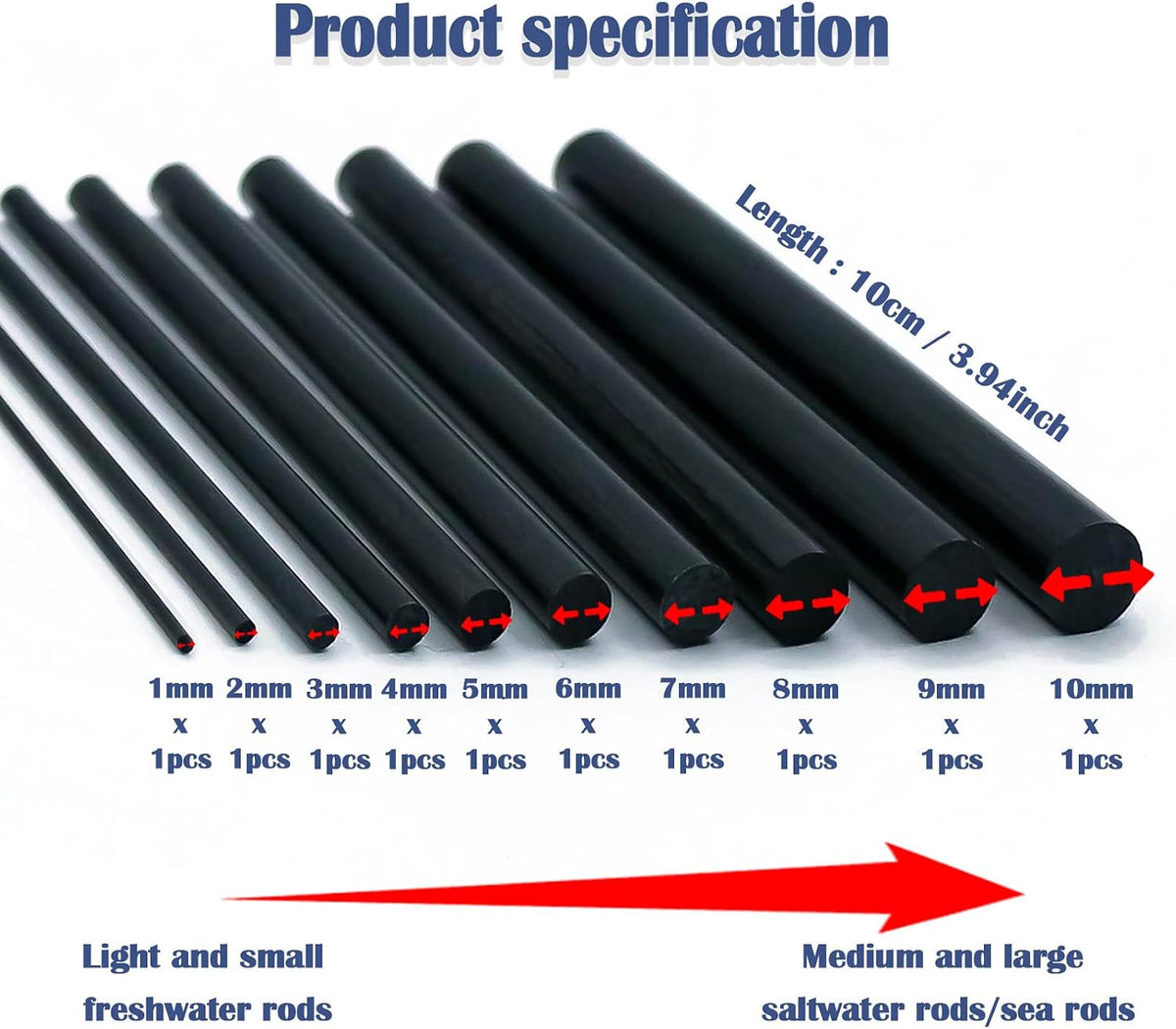 FishTrip 10Pcs Fishing Rod Repair Kit, Carbon Fiber Blanks for Rod Building