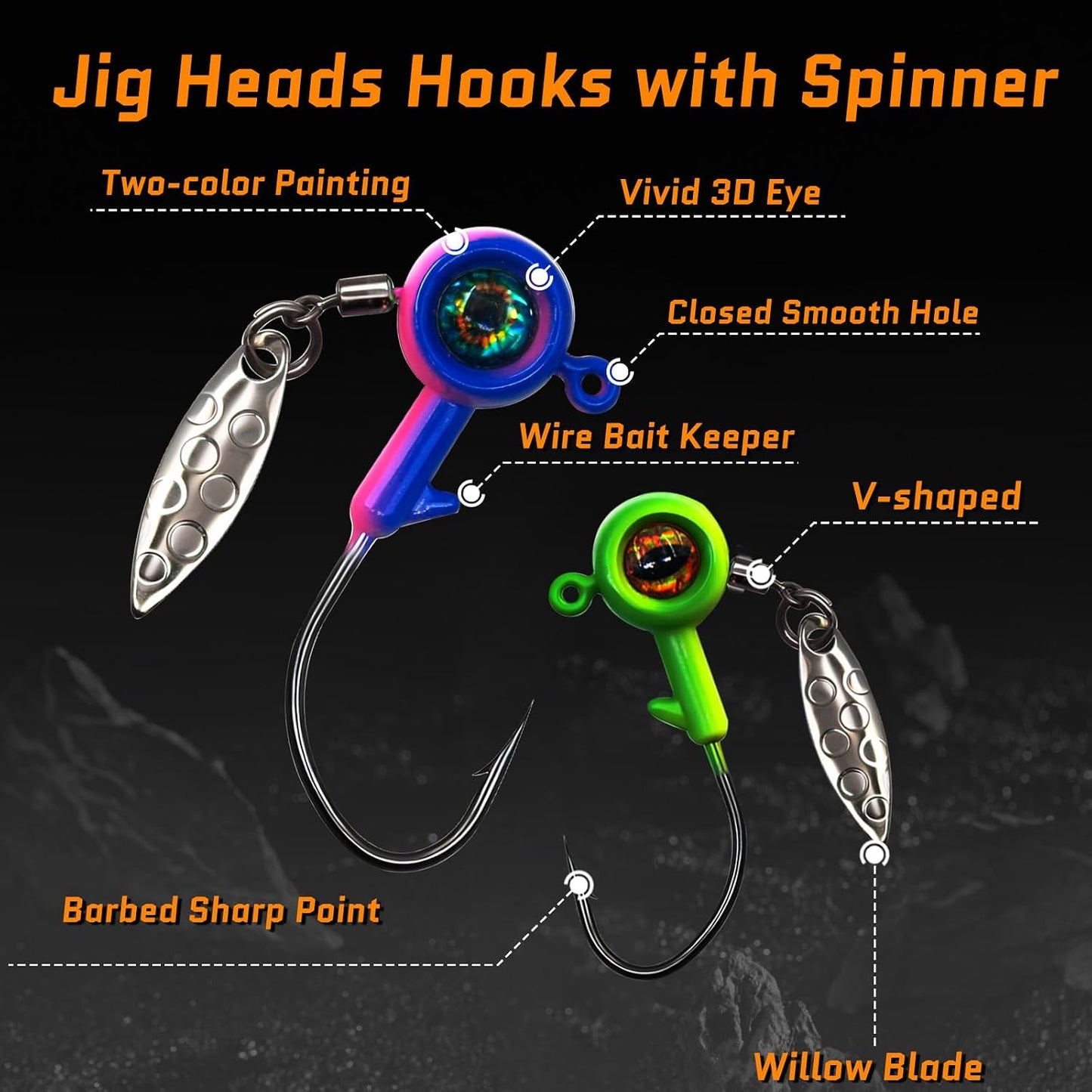 FishTrip 10Pcs Underspin Jig Heads with Willow Blade for Crappie Fishing 3D Eyes V-Shape Barbed Bait Keeper