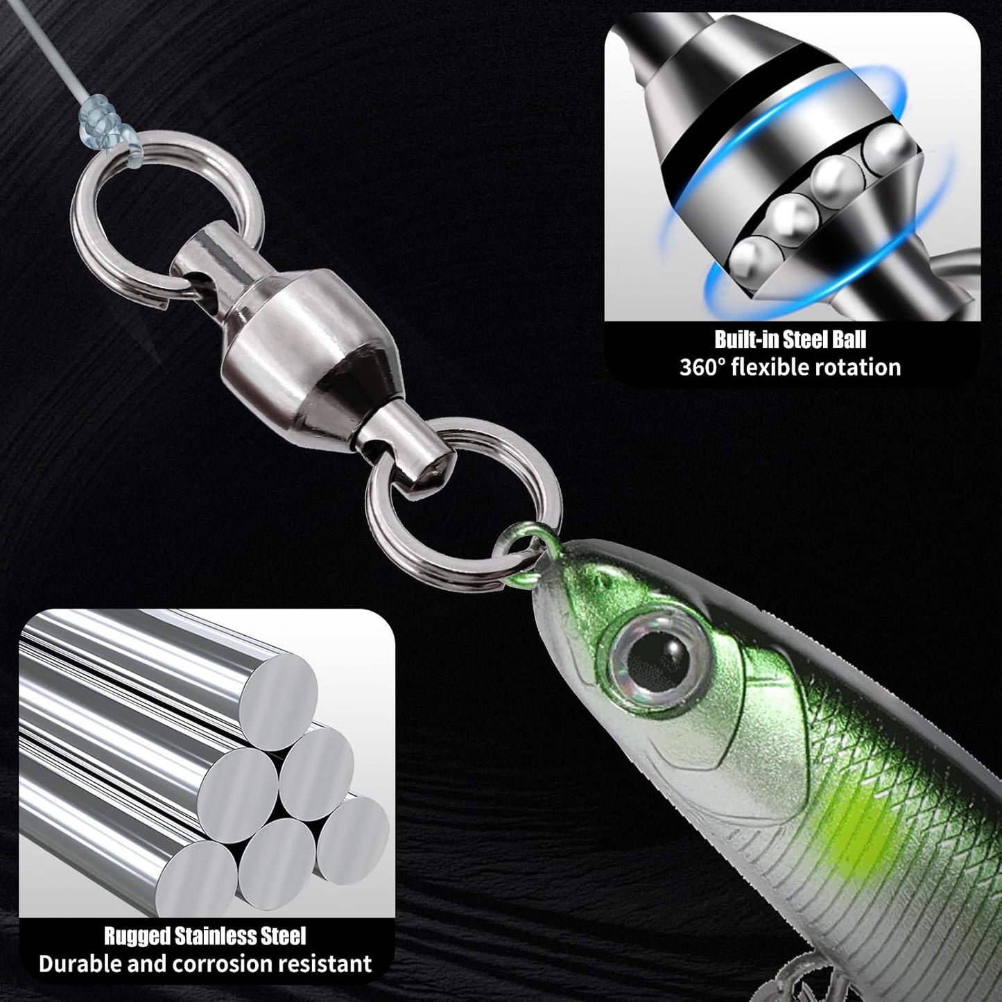 FishTrip 25/50pcs Ball Bearing Swivels with Split Rings for Saltwater High Strength Stainless Steel Ball Bearing Smooth Rotation