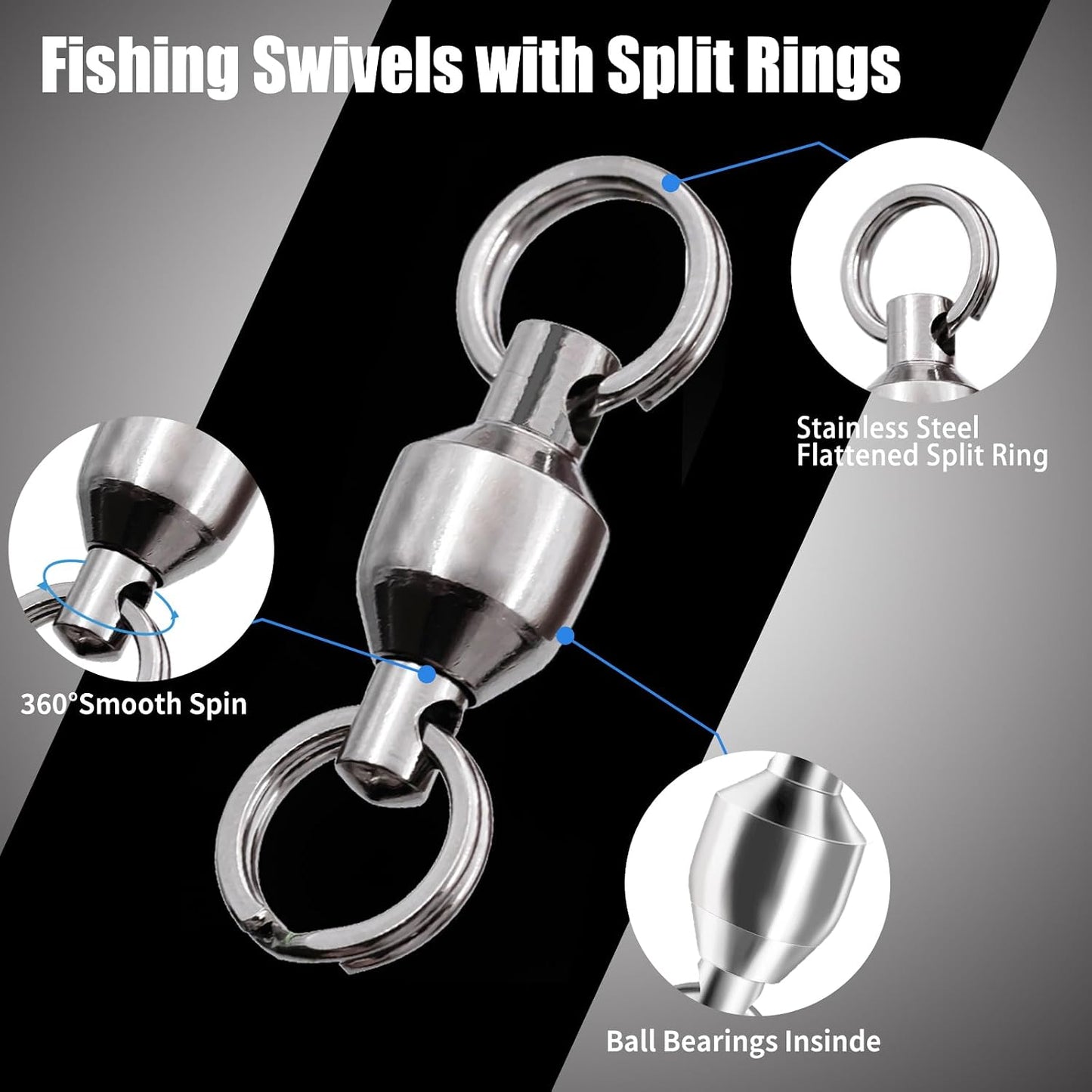 FishTrip 25/50pcs Ball Bearing Swivels with Split Rings for Saltwater High Strength Stainless Steel Ball Bearing Smooth Rotation
