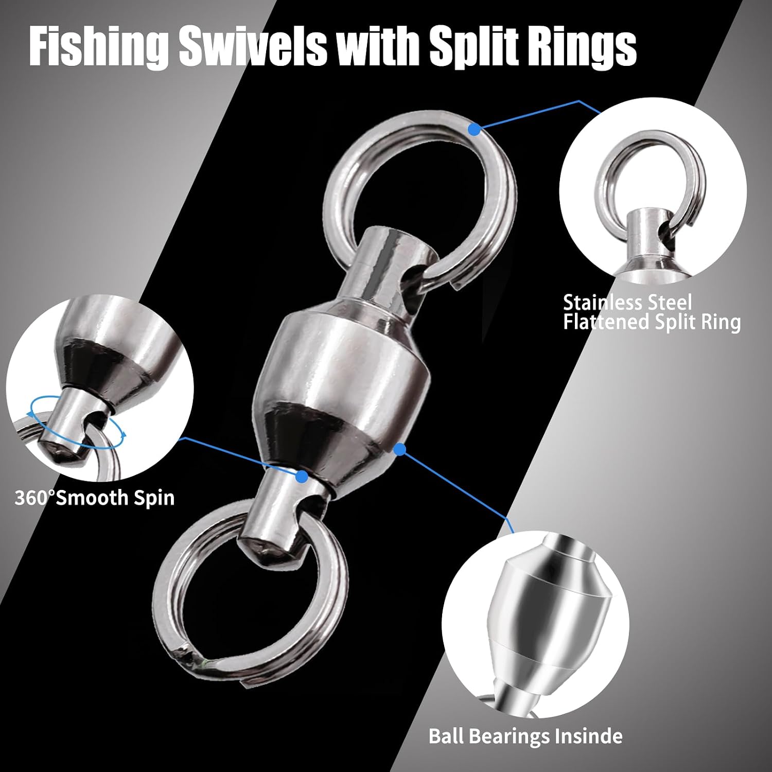 FishTrip 25/50pcs Ball Bearing Swivels with Split Rings for Saltwater High Strength Stainless Steel Ball Bearing Smooth Rotation