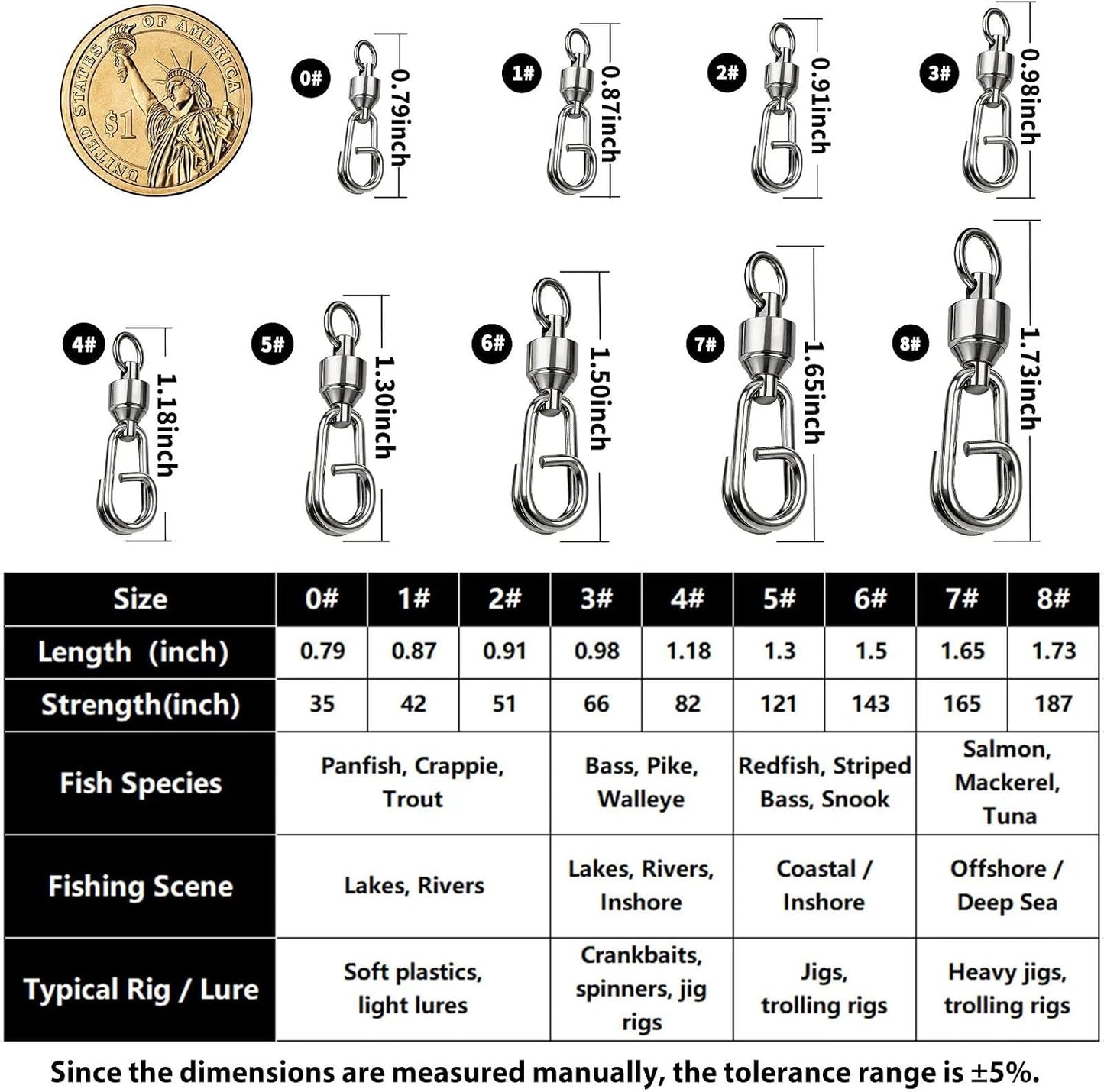 FishTrip 25/50Pcs Fishing Ball Bearing Swivel with Quick Oval Split Rings High Strength Stainless Steel Smooth Fishing Swivels & Snaps