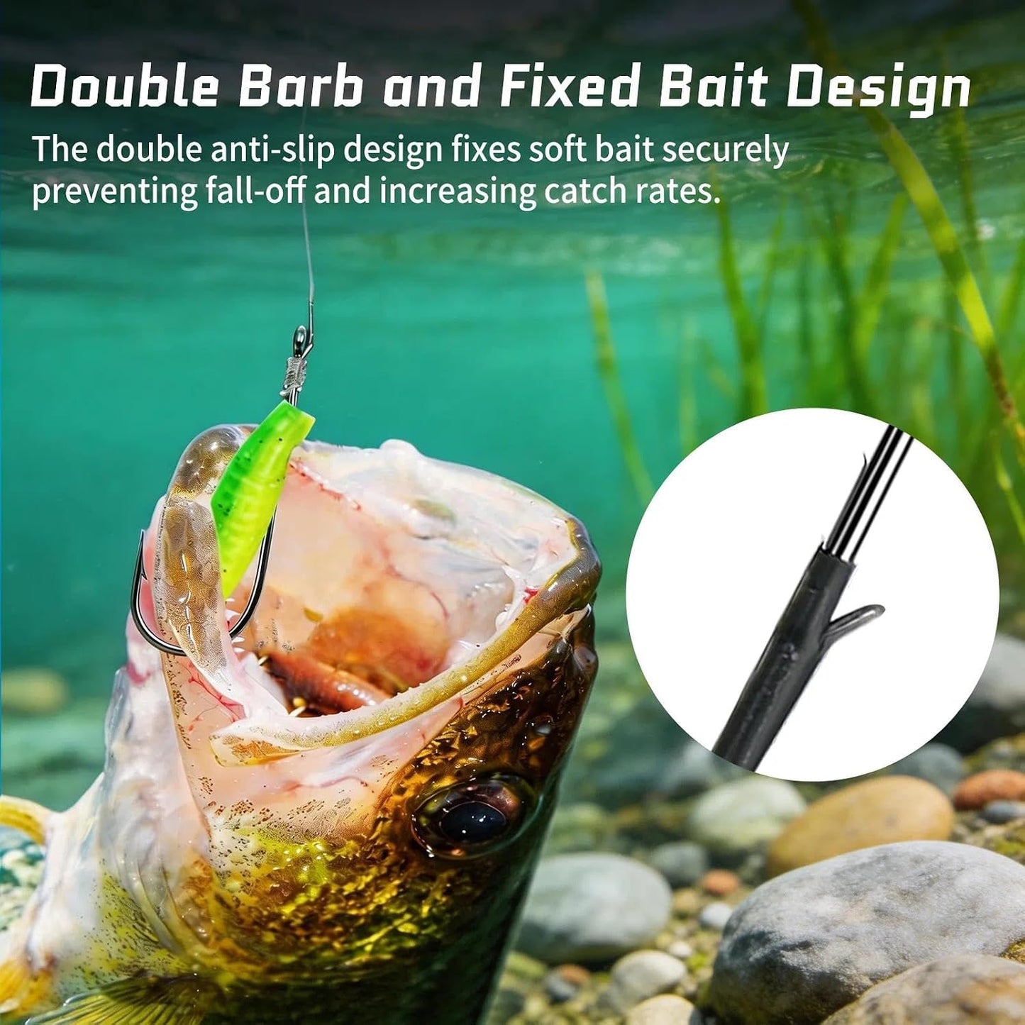 FishTrip 30 Pack Baitholder Worm Hooks 3X Long Shank Bait Holder Fish Hook Double Barbed for Bass 