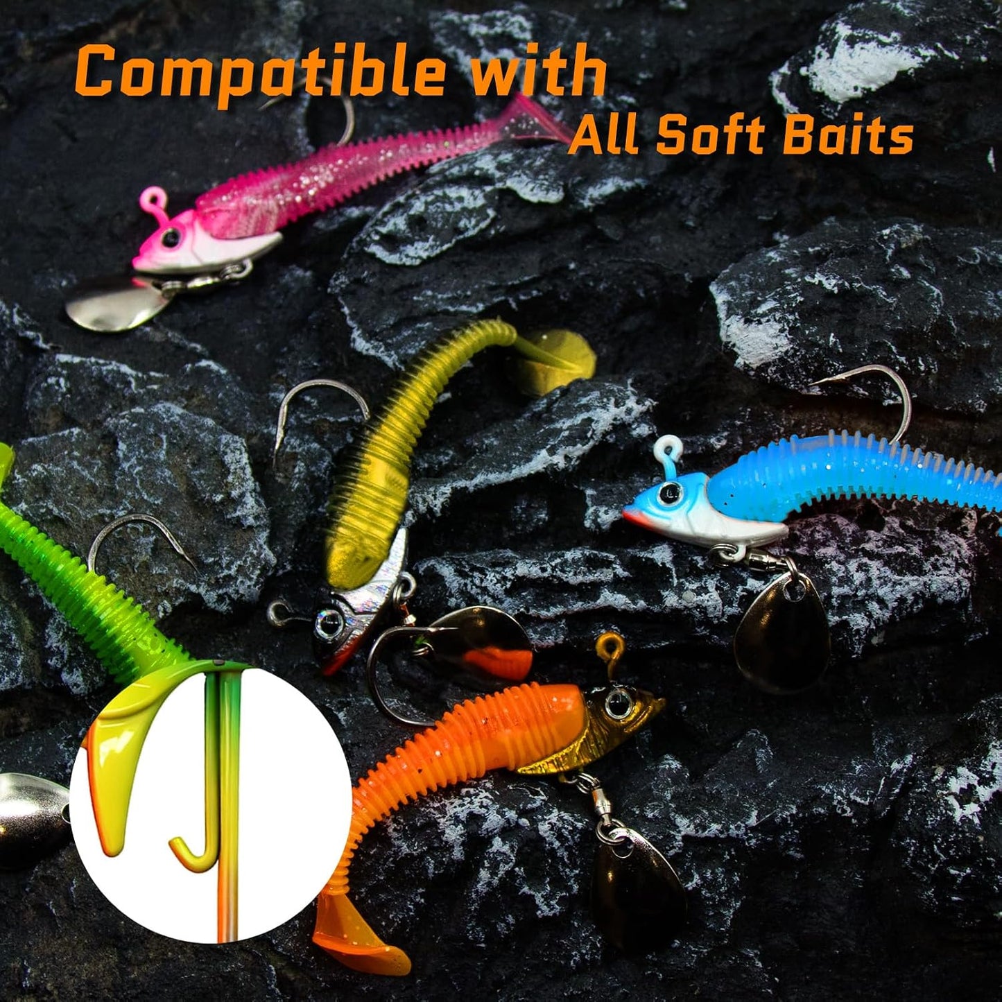 FishTrip 5/10Pcs Underspin Jig Head Swimbait Jig Head with Spinner Blade 3D Eyes, Bait Keeper Needle Point Hook