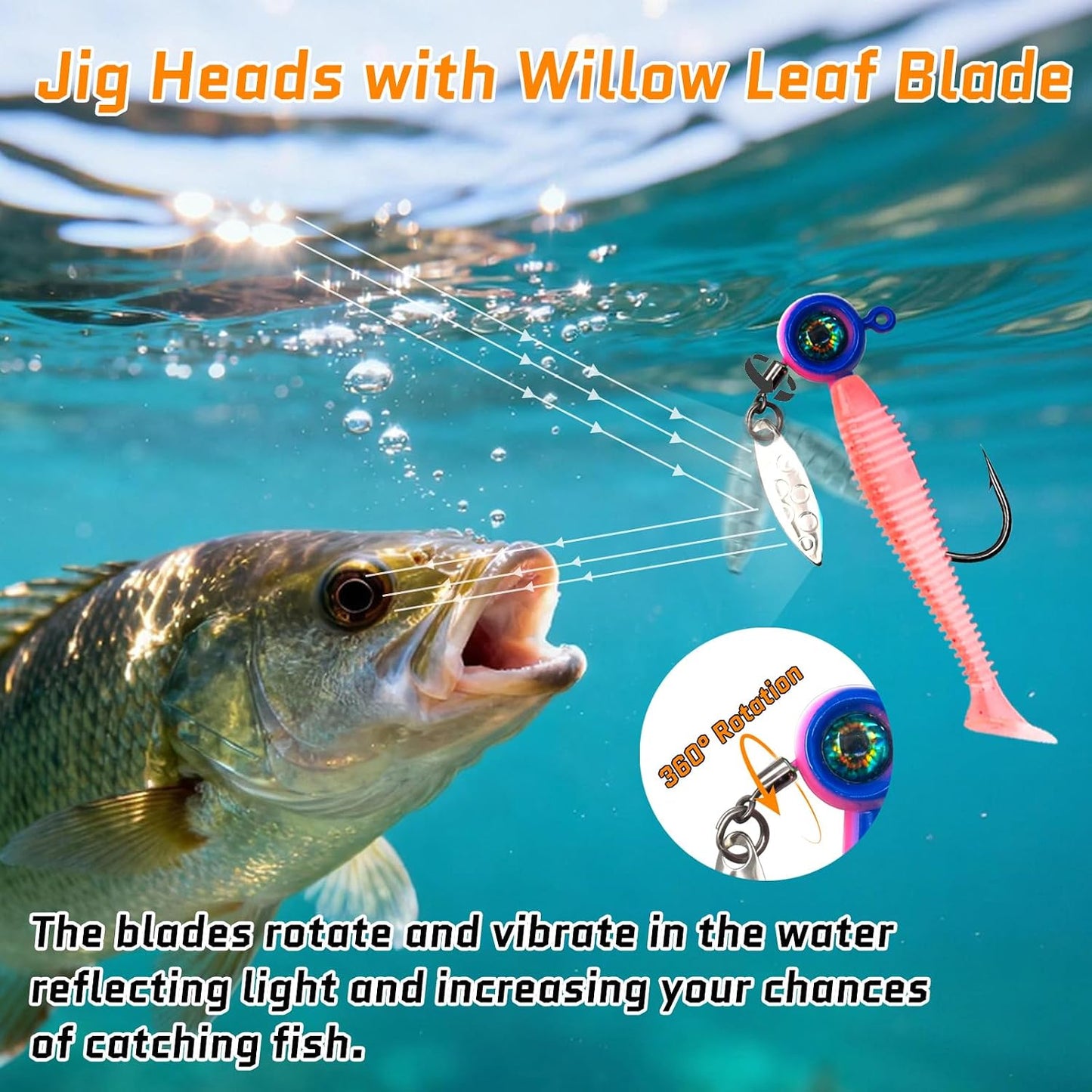 FishTrip 10Pcs Underspin Jig Heads with Willow Blade for Crappie Fishing 3D Eyes V-Shape Barbed Bait Keeper