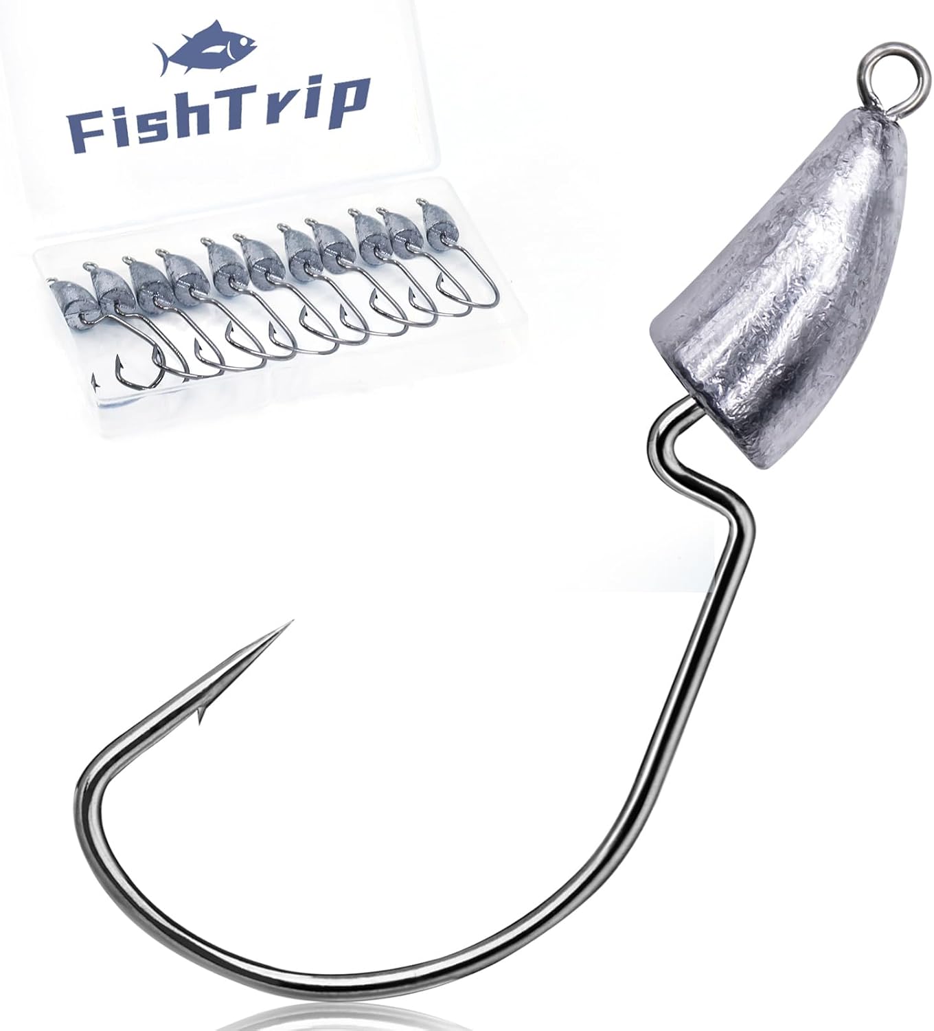 FishTrip 10Pcs Bullet Jig Heads, Weighted EWG Hooks for Texas Rig Bass Offset Wide Gap Hooks for Soft Plastics Worms Craws