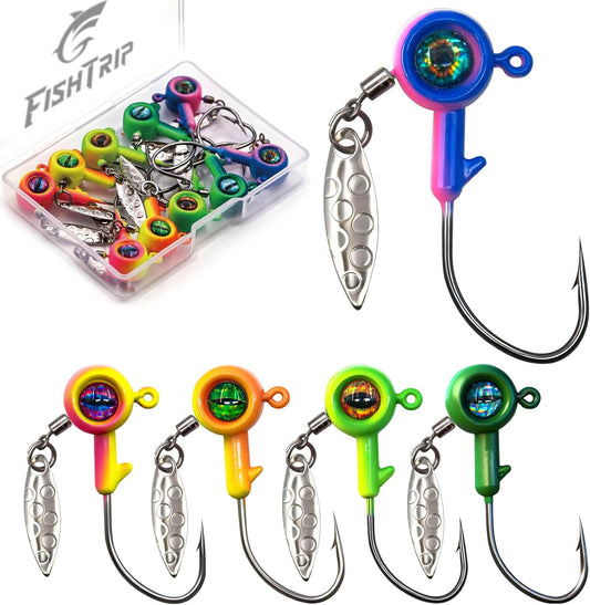 FishTrip 10Pcs Underspin Jig Heads with Willow Blade for Crappie Fishing 3D Eyes V-Shape Barbed Bait Keeper