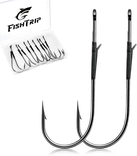 FishTrip 30 Pack Baitholder Worm Hooks 3X Long Shank Bait Holder Fish Hook Double Barbed for Bass 