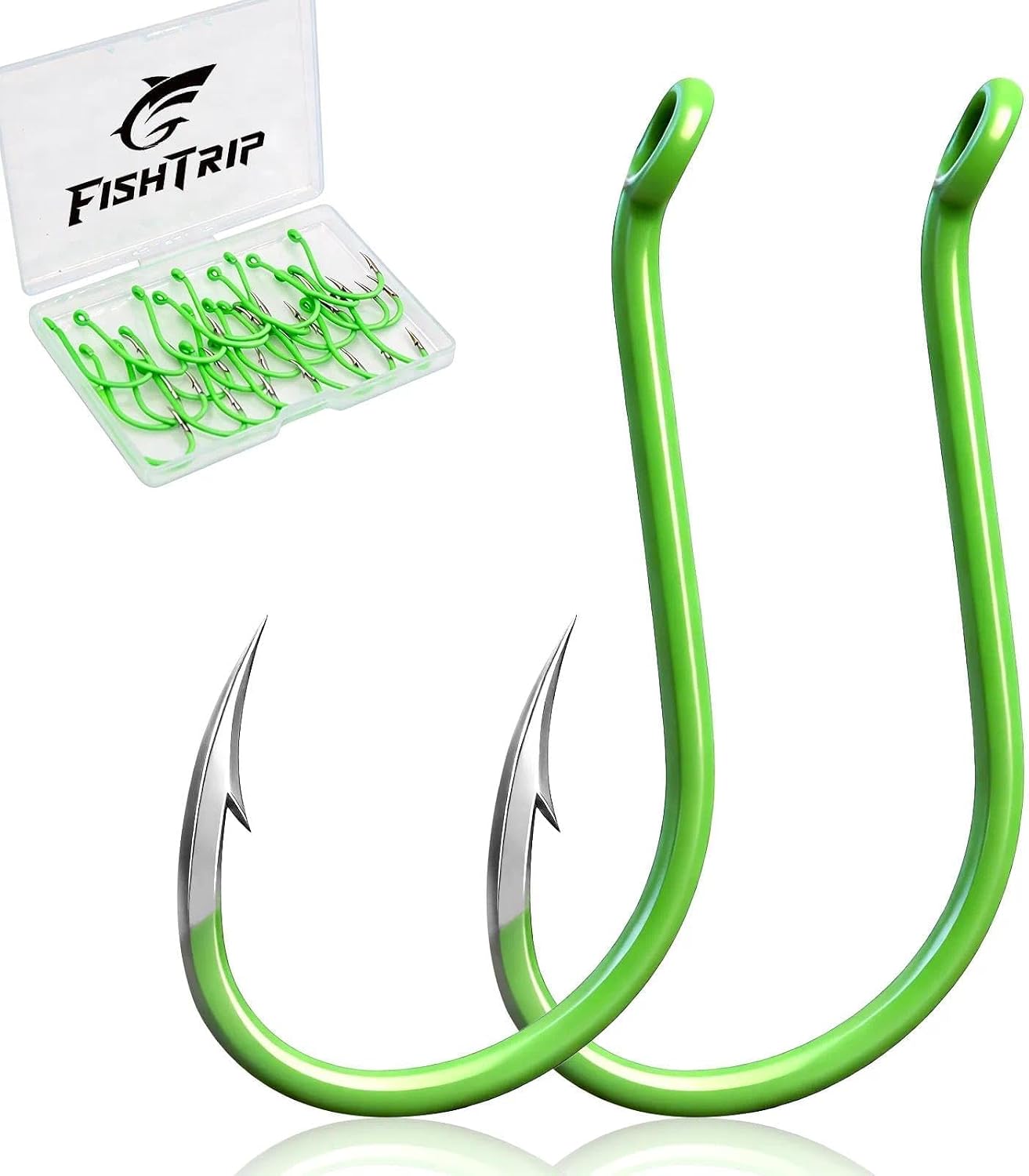FishTrip 50Pcs Octopus Fishing Hook Circle Hooks for Saltwater Fishing Offset Beak High Carbon Steel Live Bait Fish Hook Fluorescent Green
