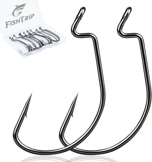 FishTrip 50/100/120pcs EWG Hooks for Bass Fishing Hooks Extra Wide Gap Offset Worm Hook Texas Rig Fish Hooks