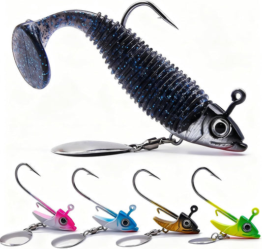 FishTrip 5/10Pcs Underspin Jig Head Swimbait Jig Head with Spinner Blade 3D Eyes, Bait Keeper Needle Point Hook