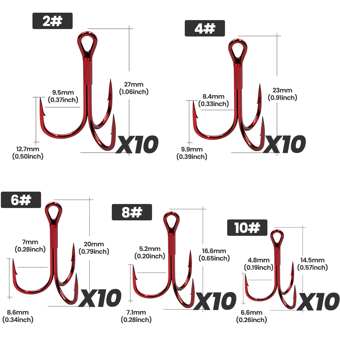 FishTrip 25/50/110pcs Fishing Treble Hooks Red Triple Hooks High Carbon Steel Brabed Sharp Replacement Fishing Hooks on Hard Lure